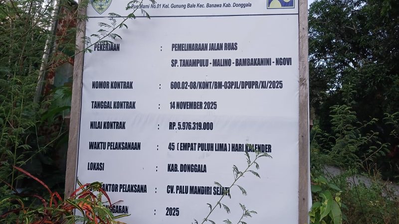Proyek Jalan Rp5,9 Miliar di Donggala Dipertanyakan, Ruas Bambakanini-Ngovi Hanya Tercantum di Papan Proyek
